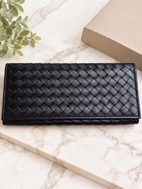 Bottega Veneta Black Unisex Intercciaco Woven Bifold Long Continental Wallet